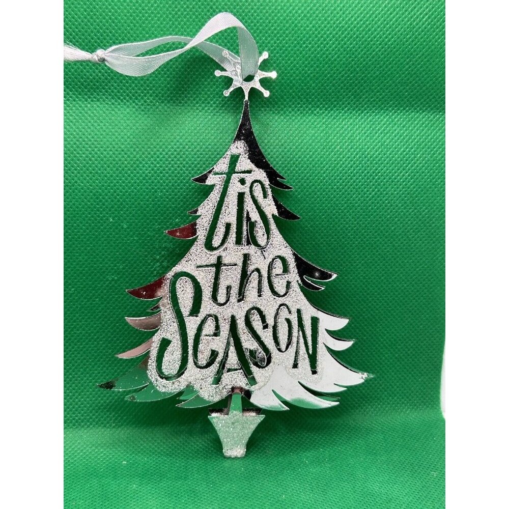 Tis The Season Silver Glitter Metal Christmas Tree‎ Shaped Ornament Double Layer